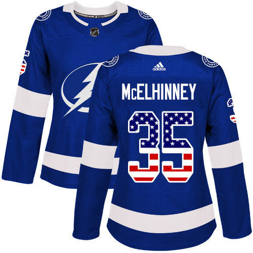 Adidas Tampa Bay Lightning 35 Curtis McElhinney Blue Home Authentic USA Flag Women Stitched NHL Jersey